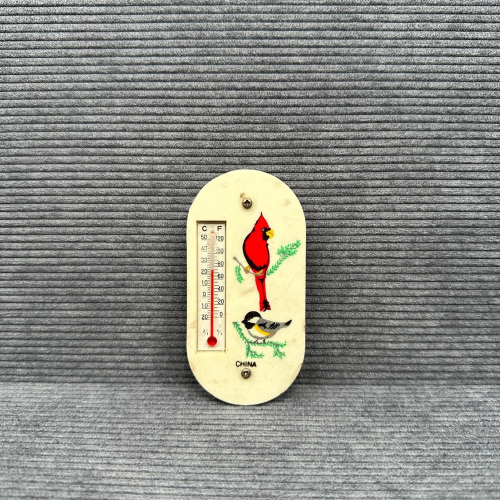Vintage Cardinal and Chickadee Window Thermometer Suction Cup Mount China 4017
